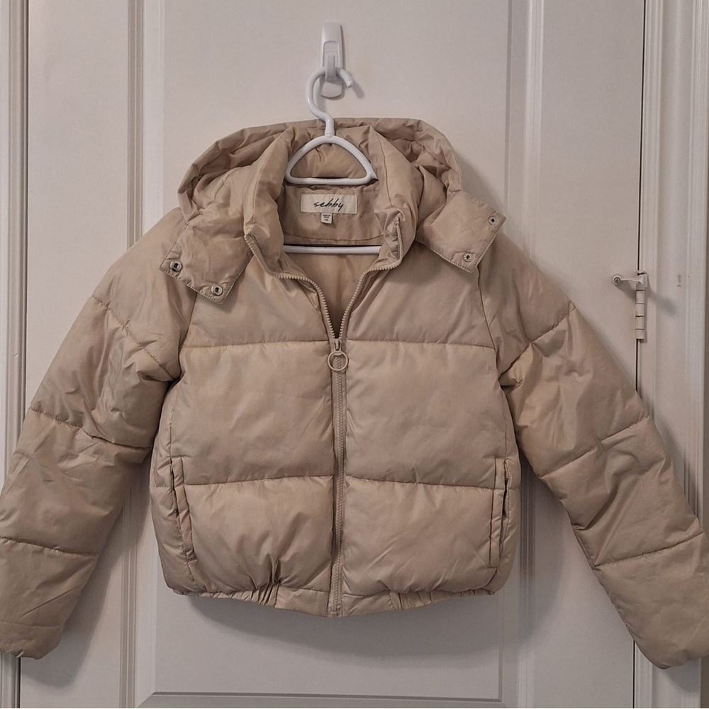 Sebby Tan Quilted Puffer Coat with Stand-Up Collar